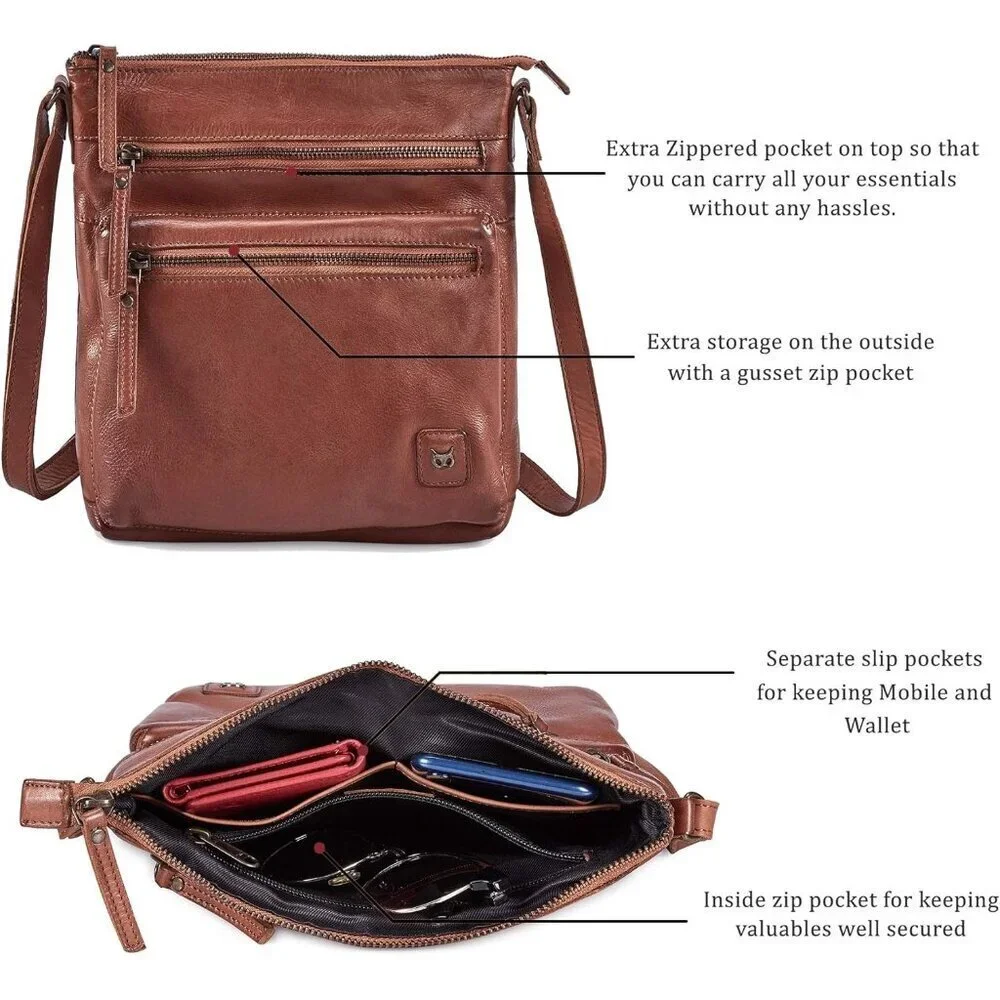 🆕Women Cognac Washed Vintage Real Leather Small Crossbody Handbag Shoulder Bag - Picture 2 of 6